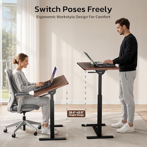 Mobile Standing Desk Adjustable Overbed Table, Pneumatic Height Adjustable Rolling Laptop Desk with Hidden Wheels, 0-180°Tilt Top Rolling Computer Cart Foldable for Home Office, Craft & Study, Brown