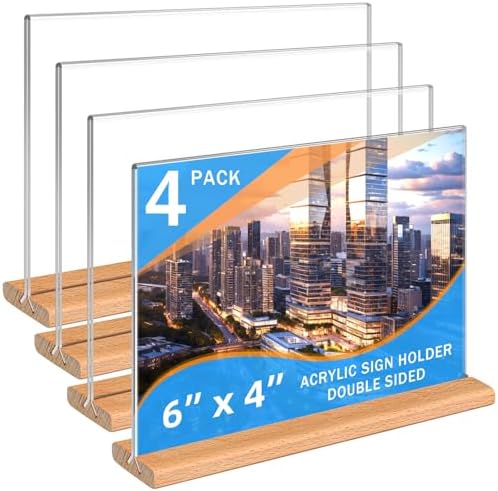 Kersally Acrylic Sign Holder 6 x 4, 4 Pack Double-Sided Clear Table Display Stands with Wood Base,Horizontal Acrylic Frame Menu Flyer Paper Holder for Store, Restaurant, Hotel, Office, Show Fair