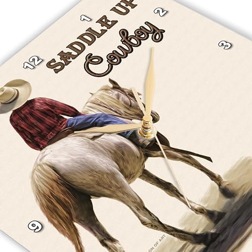 3dRose Wall Clock Silent - 10 inch - Saddle Up Cowboy Western Theme Painting - Western