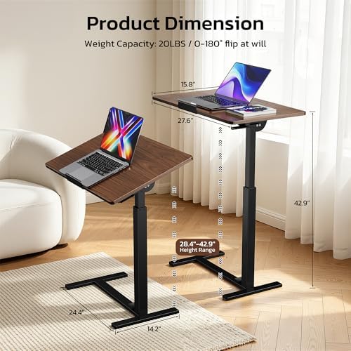 Mobile Standing Desk Adjustable Overbed Table, Pneumatic Height Adjustable Rolling Laptop Desk with Hidden Wheels, 0-180°Tilt Top Rolling Computer Cart Foldable for Home Office, Craft & Study, Brown