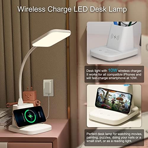 Upgraded 10W Wireless Charging LED Desk Lamp with Pen Holder, White