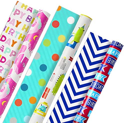 Hallmark Kids Birthday & Spring Wrapping Paper Bundle (6 Rolls: 195 Sq. Ft. Ttl) Monsters, Unicorns, Polka Dots, Floral, Lemons, Abstract