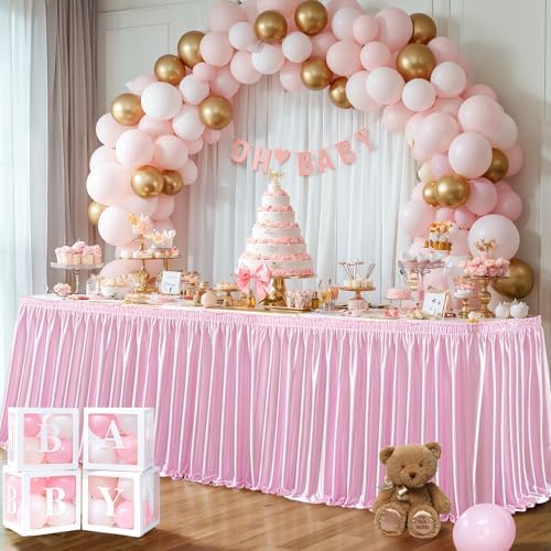 Wish Care 6ft Pink Satin Table Skirt for Rectangle Tables Wrinkle Free Teacher Desk Skirt Glitter Ruffle Table Skirting Cloth for Back to School Classroom Office Dorm Girls Birthday Party Table Decor