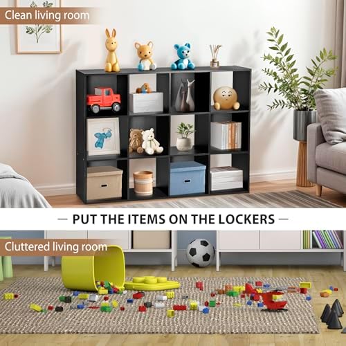 SUPER DEAL 12 Cube Storage Organizer, Open Shelf Bookcase, Wood Cubical Shelves Closet Cabinet Display Unit with 6 Removable Back Panels for Living Room Bedroom, 47 inch Wide, Black