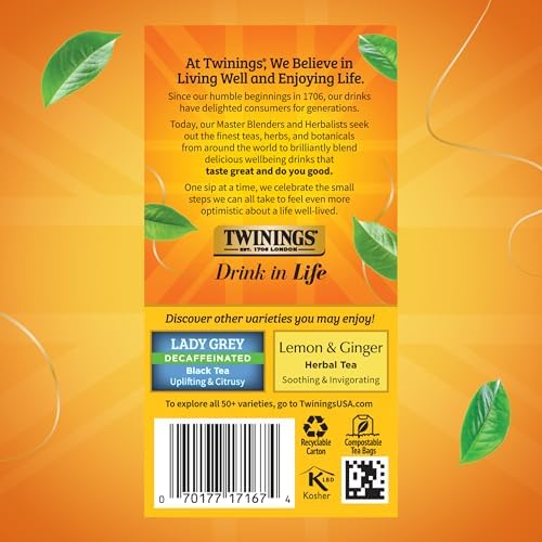Twinings Decaffeinated Earl Grey Black Bergamot Tea Bags 20 CT Box (6 Pack)