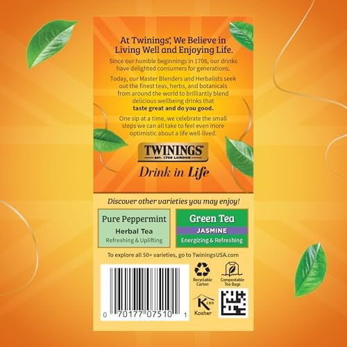 Twinings Lemon & Ginger Herbal Tea Individually Wrapped Bags, 20 Count (Pack of 6), Tangy Lemon, Spicy Ginger, Naturally Caffeine-Free, Enjoy Hot or Iced, 120 Teabags