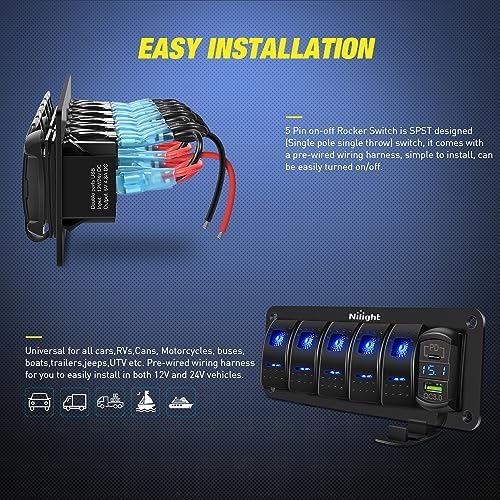 Nilight 5 Gang Rocker Switch Panel w/PD Type C and USB Socket Voltmeter