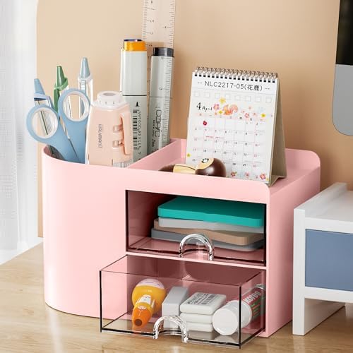 Marbrasse Small Desk Organizer with Drawer, Multi-Functional Pen Pencil Holder Storage Box, Desk Organizers and Accessories with 4 Compartments + 2 Drawer for Office Art Supplies(Pink)