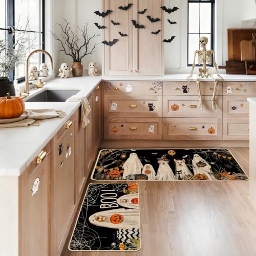 Baccessor Halloween Kitchen Rugs Set of 2, Ghost Boo Dog Pumpkin Spider Web Kitchen Mats for Floor Washable Low-Profile Farmhouse Spooky Holiday Home Indoor Outdoor Decor 17x29 and 17x47 Inch