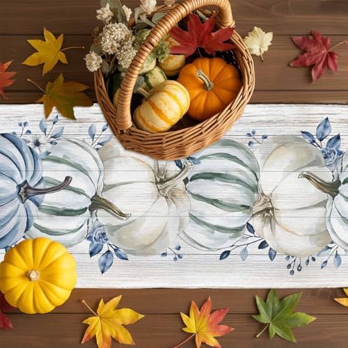 Fall Table Runner Blue Pumpkin Table Runners Harvest Thanksgiving White Blue Pumpkins Wooden Cotton Linen Dresser Scarf Kitchen Dining Table Decor for Autumn Holiday Party Coffee 13x120 Inch