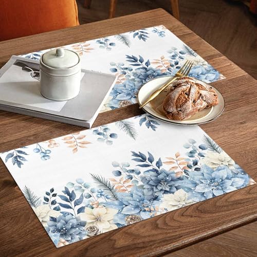 Blue Christmas Poinsettia Placemats Set of 6, Winter Eucalyptus Leaves Heat Resistant Washable Table Place Mats Cotton Table Linens Party Holiday Decor for Kitchen Dining Outdoor Indoor