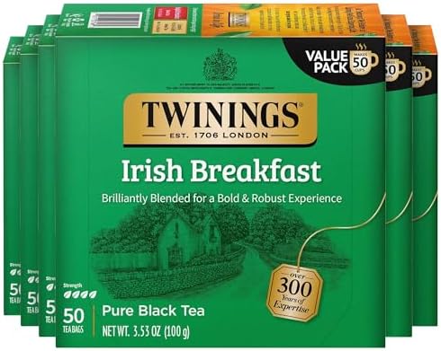 Twinings Irish Breakfast Black Tea Individually Wrapped Bags, 50 Count (Pack of 6), Flavourful, Bold, Robust, Caffeinated, Enjoy Hot or Iced, 300 Teabags