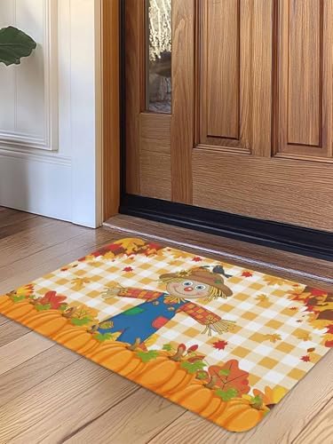 Fall Door Mat Scarecrows Crow Pumpkin Doormat Maple Leaf Orange Buffalo Plaid Harvest Thanksgiving Welcome Mat Non Slip Entryway Front Rug Floor Mat for Indoor Outdoor Kitchen Autumn Holiday 20x32