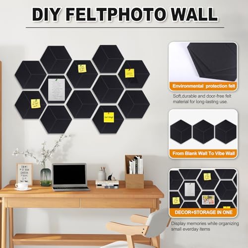 12-Pack Hexagon Cork Board Alternative for Walls Decor, 38.2" x 38.2" Large Felt Bulletin Board, with Pushpins, Damage-Free Adhesives, Thick Pin Board for Office, Home (Black)