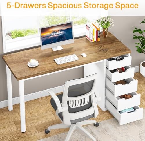 Tribesigns Computer Desk with 5 Drawers, 47 inches Rustic Brown Home Office Desk with Storage, Modern Simple Laptop Desk Study Writing Table for Small Spaces (1, Walnut+White)