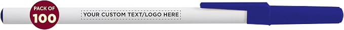 DISCOUNT PROMOS Custom Value Stick Pens Set of 100, Personalized Bulk Pack - Black Ink, Great for Office, School, Business, Tradeshows, Events - Blue