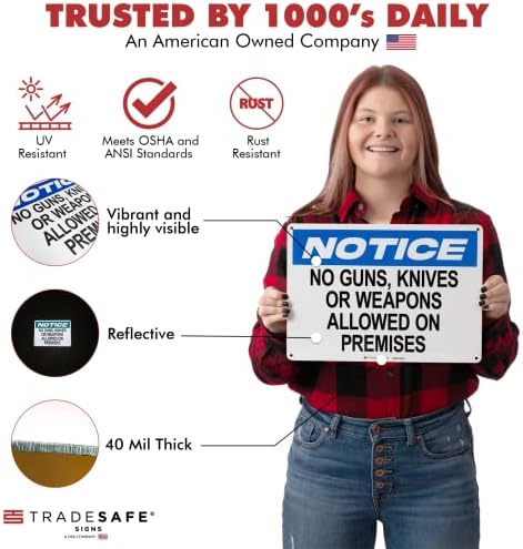 TRADESAFE No Gun, Knives or Weapons Allowed Sign, Quick Install Aluminum Safety Sign, Light Reflective, UV-Resistant, Waterproof, 14” X 10” No Weapons Allowed Sign for Business