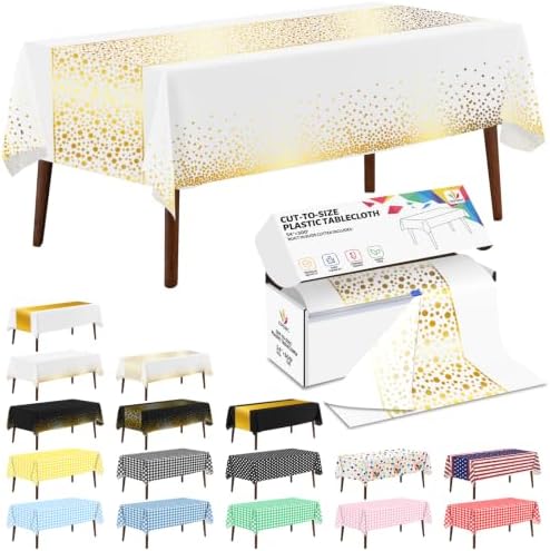 CXPSINC 54 Inch X 300 Feet Plastic Table Cover Roll Disposable Tablecloth with Slide Cutter for All Type/Shape Tables | Party, Banquet, Birthdays, Weddings(White Golden Dot, 300 Feet)
