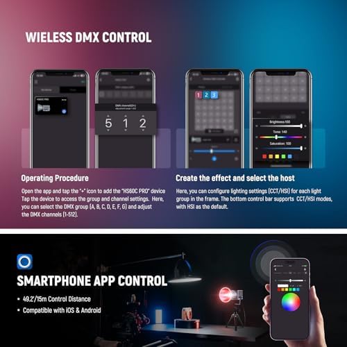 NEEWER HS60C Pro 60W Portable RGB LED Video Light, APP DMX/Panel Control/Custom Effects/Light Group 8700Lx/1m 2700-6500K CRI97+ COB Continuous Output Lighting for Video Recording Studio Photography