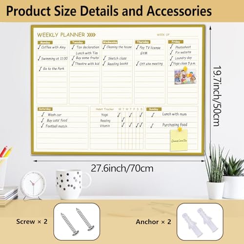 Large Weekly Dry Erase Board for Wall,20"x28",Gold Aluminum Frame Magnetic Weekly Planner Whiteboard for to Do List, Memo, School, Home, Office, Kitchen