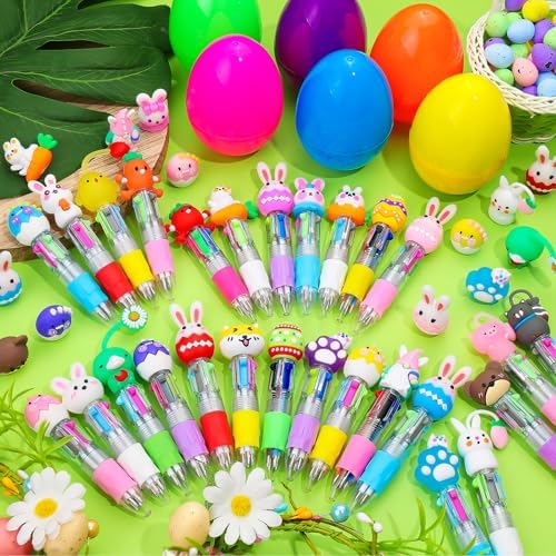 30Pcs Easter Animals Mini Multicolor Pens in One 4-in-1 Cute Pens Bulk with 30 Eggshells, Fun Gifts Assorted Ink Kawaii Ballpoint Pen for Birthdays and Parties