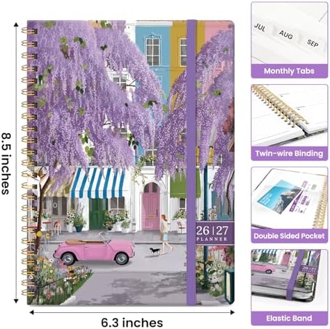 Planner 2026-2027, Jul 2026-Jun 2027 Academic Monthly & Weekly Planner | 6.3" x 8.5" Hardcover Calendar Planner for Women, Spiral Organizer with tabs, School Office Home Supplies, Wisteria Lane