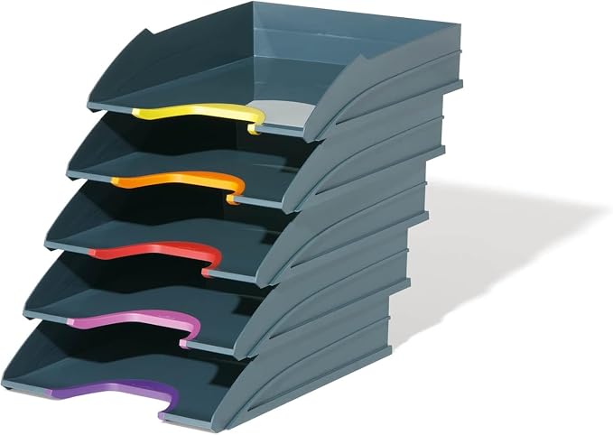 Durable VARICOLOR Gray Letter Tray - Set of 5 Stackable Color Coded Letter Trays - Letter Size Files - Perfect for Storing Documents and Paper Work
