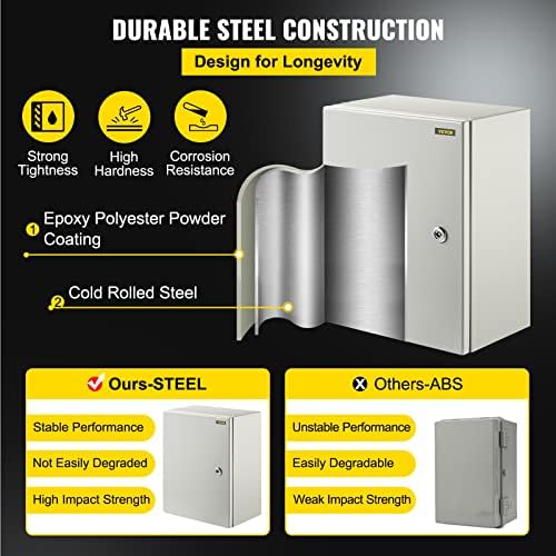 VEVOR NEMA Steel Enclosure, 16 x 12 x 8'' NEMA 4X Steel Electrical Box, IP66 Waterproof & Dustproof, Outdoor/Indoor Electrical Junction Box, with Mounting Plate