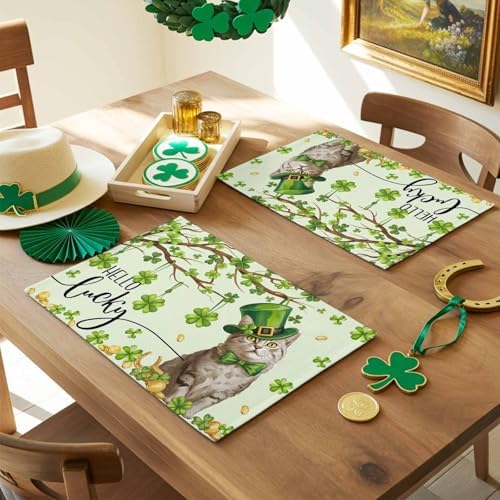 Lucky Cat St. Patrick's Day Placemats Set of 6, Green Spring Shamrocks Tree Heat Resistant Washable Dining Table Mats Spring Holiday Farmhouse Decor for Kitchen&Table Linens Outdoor Indoor