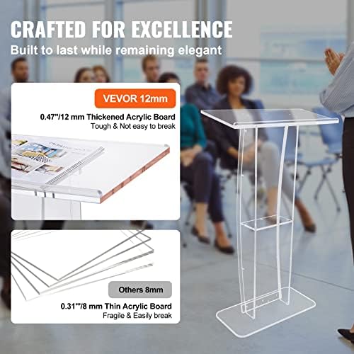 VEVOR Acrylic Podium, 47" Clear Acrylic Podium Stand with Wide Reading Surface & Storage Shelf, Floor-Standing Clear Pulpits Acrylic for Church Office School