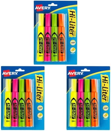 AVERY Hi-Liter Desk-Style Highlighters, Smear Safe Ink, Chisel Tip, 4 Assorted Color Highlighters (24063), (Pack of 3)