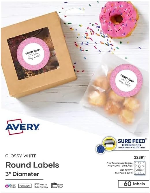 Avery Glossy White Labels, Sure Feed Technology, 3" Round Labels, Print-to-The-Edge, Laser/Inkjet, 60 Total (22891)