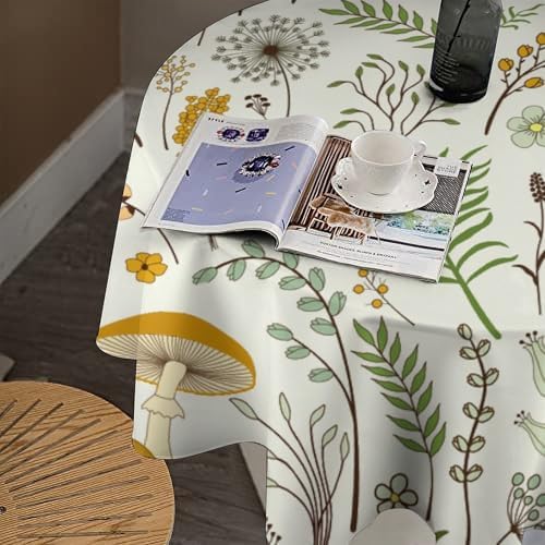 Wild Mushroom Tablecloth, Vintage Botanical Rustic Wildflower Herbs Plants Green Mushroom Table Cloth for Farmhouse Kitchen Dinning Room Picnic Parties Home Decor, 50x50in