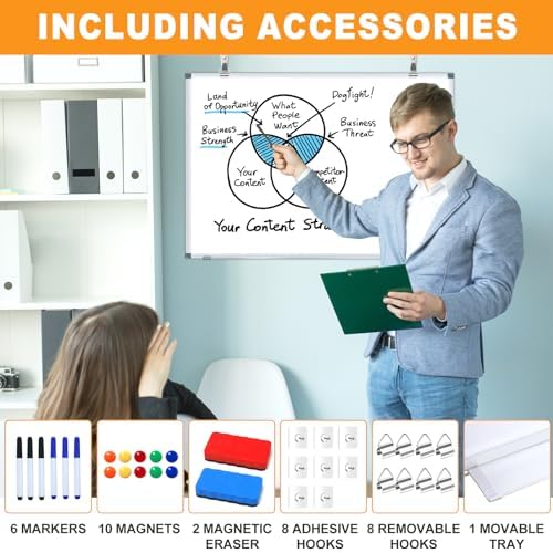 H-Qprobd White Board Dry Erase Whiteboard for Wall 24x18 (2pcs) Magnetic Boards for Office Classroom & Home, Small Wall Whiteboard Including 6 Markers, 10 Magnets, 2 Erasers & 10 Adhesive Hooks