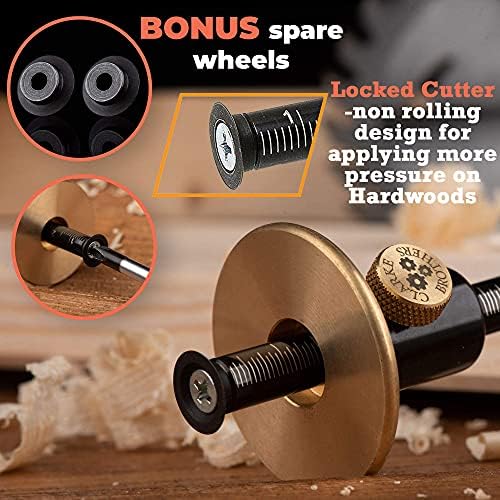 Clarke Brothers Wheel Marking Gauge - Woodworking Marking Scriber Kit With 2 Replacement Cutters - Wood Marking Tools With Graduated Inch & MM Scale - Solid Metal Bar Wood Scribe Tool For Carpenter