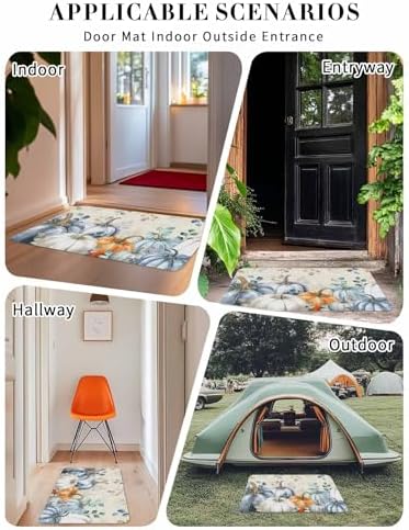 Fall Door Mat Blue Pumpkin Doormat Eucalyptus Leaves Branch Harvest Thanksgiving Welcome Mat Non Slip Rubber Entryway Front Rug Floor Mat for Indoor Outdoor Kitchen Autumn Holiday Home Decor 16x24