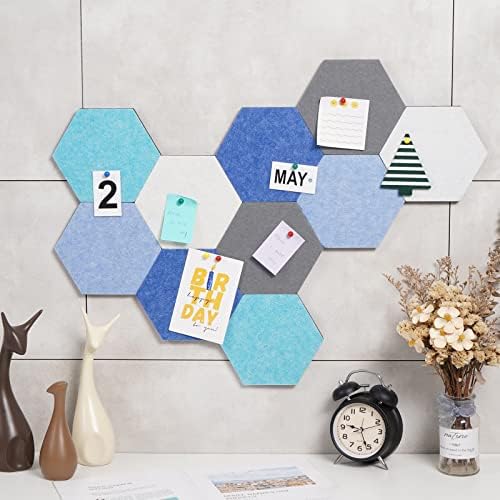 10Pcs Self Adhesive Felt Board Tiles Hexagon Bulletin Board for Walls, Felt Cork Pin Board for Pictures Photos Memos with Push Pins (Color E)
