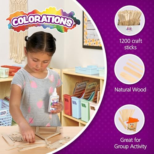 Colorations Assorted Sizes Natural Wood Craft Sticks Tongue Depressors, 1200 Piece Classroom Pack, All Natural, , 1mm Thick, Jumbo, Large, Regular, and Mini (Item # CPCS) | 1200-Piece Classroom Pack, All Natural, High Quality, 1 mm Thick, Jumbo, Large,...