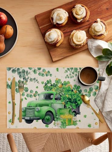 St Patricks Day Placemats Set of 4, Green Shamrock Clover Cotton Linen Table Mats Non-Slip Gold Coins Irish Spring Retro Green Truck Shamrocks Eucalyptus Leaves Placemat for Dining Kitchen Table