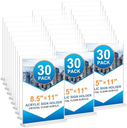 Arrobust 30 Pack Acrylic Sign Holder 8.5 x 11, Clear Display Table Top Signs Stand, Double Sided T Shape Flyer Holder, Plastic Frames Paper Holder for Stores Home Office Store Restaurants Wedding Retail Show Fair