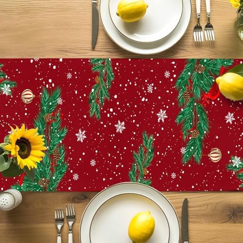 Christmas Cartoon Snowman Table Runner Dresser Scarf 13 x 36 Inch Holly Bird Pine Tree Snow Red Table Runners Non-Slip Heat Resistant Kitchen Dining Table Decor for Winter Holidays Indoor Outdoor