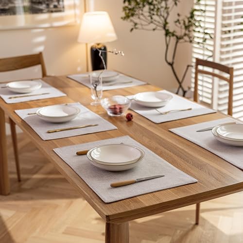 Demetex Gray Placemats Set of 6 Linen Heat Resistant Plate Mats Washable Place Mats for Buffet Dinner Party Decorations, 13 x 19 inches, Light Grey