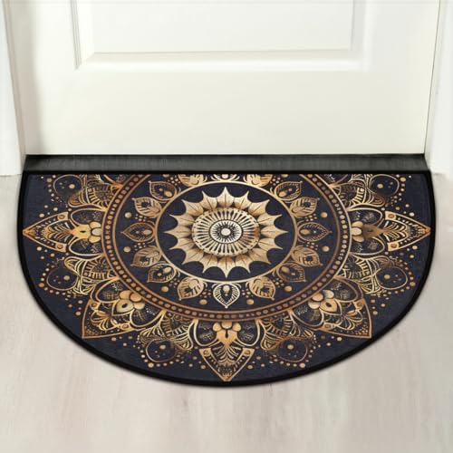 Half Round Door Mat Mandala Boho Bohemian Black Non Slip Washable Semi Circle Area Rug Absorbent Soft Half Moon Rug Floor Mat for Indoor Outdoor Kitchen Bathroom Patio Front Door Mat Decor