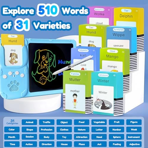 Writing Tablet with Bilingual Flash Cards for Kids, German, Blue
