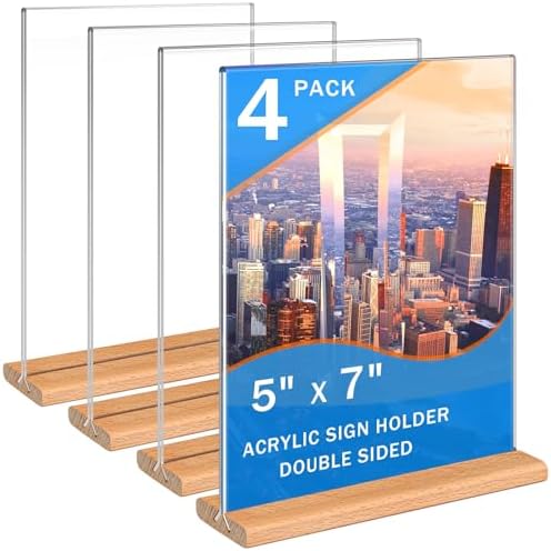 Kersally Acrylic Sign Holder 5 x 7, 4 Pack Double-Sided Clear Table Display Stands with Wood Base,Vertical Acrylic Frame Menu Flyer Paper Holder for Stores, Restaurants, Hotels, Office, Show Fair