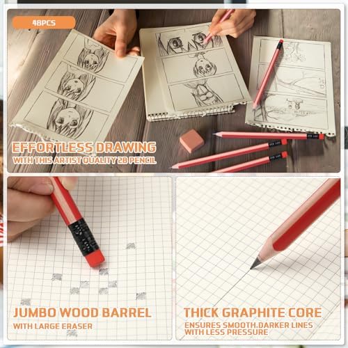 Seajan 48 Pcs 2b Jumbo Pencils, Big, Fat, Thick, Triangular Grip 7 Inch Large Pencils Refill with Eraser for Beginners Office Christmas Gifts(Red)