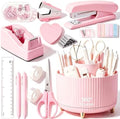 Office Supplies Set Rotating Pen Holder for Desk with Stapler Staple Remover Tape Dispenser,2pcs Tape Refills, Binder Paper Clips Kit, Scissor,Pen Ruler & Sticky Tabs,Pink Office School Supplies(Pink)