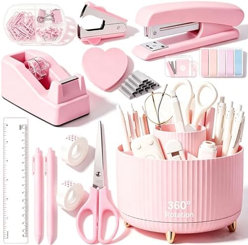Office Supplies Set Rotating Pen Holder for Desk with Stapler Staple Remover Tape Dispenser,2pcs Tape Refills, Binder Paper Clips Kit, Scissor,Pen Ruler & Sticky Tabs,Pink Office School Supplies(Pink)