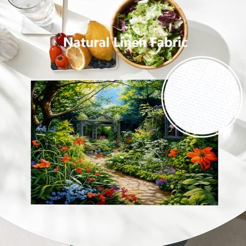 Batmerry Beautiful Garden Lush Plants Linen Placemats Set of 4, Serene Garden Scene Washable Table Mats for Kitchen Table Thickened Heat Insulation Dining Set Indoor Outdoor 12X18 in