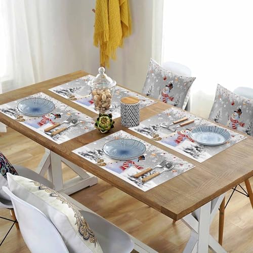 Snowman Placemats Set of 4, Grey Merry Christmas Tree Red Balls Squirrel Heat Resistant Washable Table Place Mats Winter Cotton Table Linens Party Holiday Decor for Kitchen Dining Outdoor Indoor